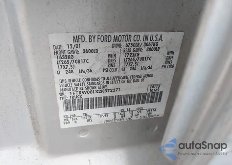 2002 Ford F-150 Lariat/Xlt z USA, uszkodzony, nr VIN 1FTRW08LX2KB72371